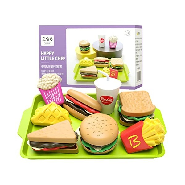 Miotlsy Jouets de Cuisine,Imitations daliments pour enfants,Set Hamburger pour enfants avec Frites Hot Dogs Plateau, Jeu Di