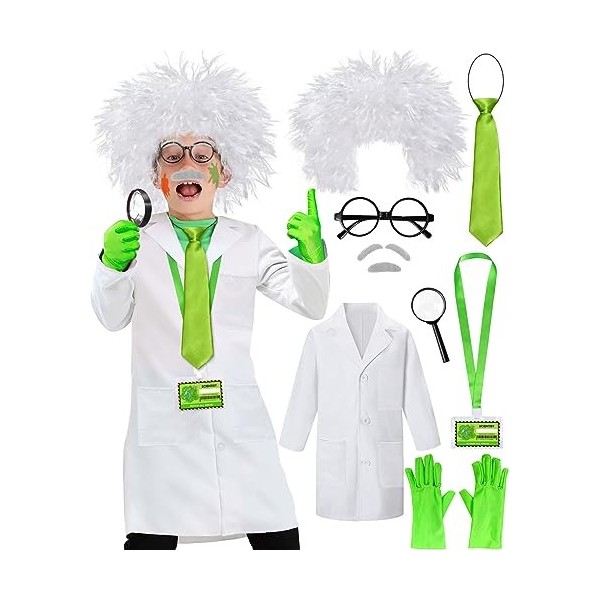 Déguisement de Scientifique Enfant avec Costume de Expériences Jouets Kit Laboratoire Blouse Lunettes Carte de Travail Loupe 