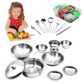 HIULLEN Accessoire Cuisine Enfant avec Acier Inoxydable Casseroles et Poêles Cuisine, 17PCS Mini Ustensile Cuisine Enfant, Ch