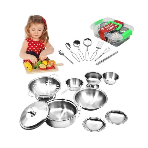 HIULLEN Accessoire Cuisine Enfant avec Acier Inoxydable Casseroles et Poêles Cuisine, 17PCS Mini Ustensile Cuisine Enfant, Ch