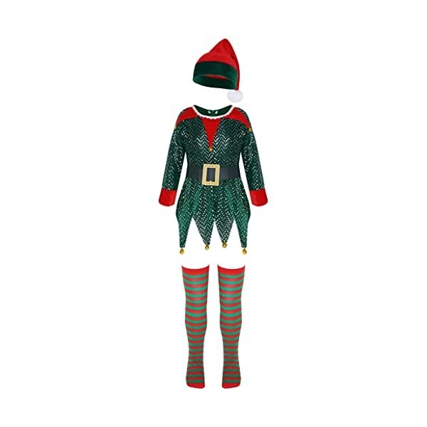 Costume D'elfe De Noël Pour Femme - Ensemble Complet (robe, Ceinture, Chapeau, Bas, Chaussures), Spandex Rouge/vert
