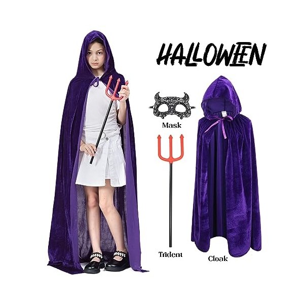 ZUCOS Cape à Capuche Velours Adulte Enfants Halloween Manteaux Long Halloween Costume Unisexe Sorcière Violet 150 cm