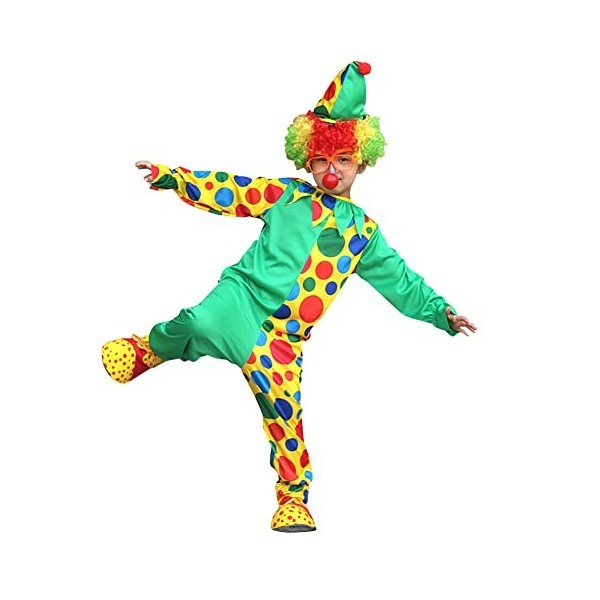 IBAKOM Costume Déguisements Clown Enfant Garçon Carnaval Halloween À Rayures Arc-en-ciel Combinaison Manches Longues Chapeau/