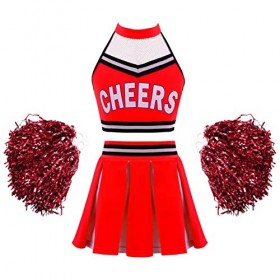 TiaoBug Enfant Fille Déguisement Cheerleaders Costume Pom-pom Girl Cosplay Halloween Noël Carnaval Crop Top Plissé Jupe avec 