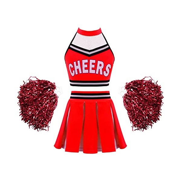 TiaoBug Enfant Fille Déguisement Cheerleaders Costume Pom-pom Girl Cosplay Halloween Noël Carnaval Crop Top Plissé Jupe avec 