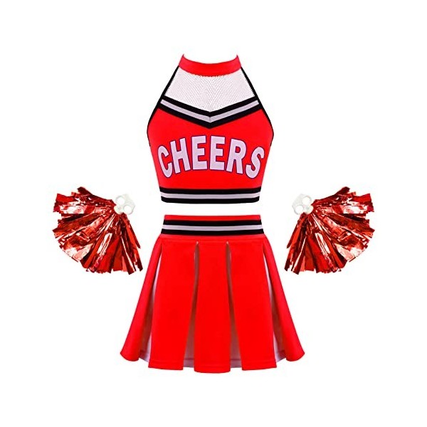 TiaoBug Enfant Fille Déguisement Cheerleaders Costume Pom-pom Girl Cosplay Halloween Noël Carnaval Crop Top Plissé Jupe avec 