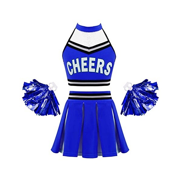 TiaoBug Enfant Fille Déguisement Cheerleaders Costume Pom-pom Girl Cosplay Halloween Noël Carnaval Crop Top Plissé Jupe avec 