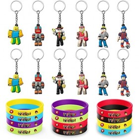 Lot de 24 blocs robots comprenant 12 bracelets et 12 porte-clés pour les fans de jeux vidéo, bracelets en silicone colorés, p
