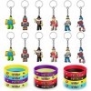 Lot de 24 blocs robots comprenant 12 bracelets et 12 porte-clés pour les fans de jeux vidéo, bracelets en silicone colorés, p