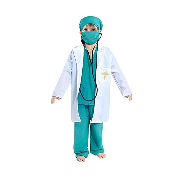 Runstarshow Cotume Docteur Enfant Déguisement Jeu dImitation 6 Pièces Blouse de Laboratoire Stéthoscope Masque Bonnet Cospla