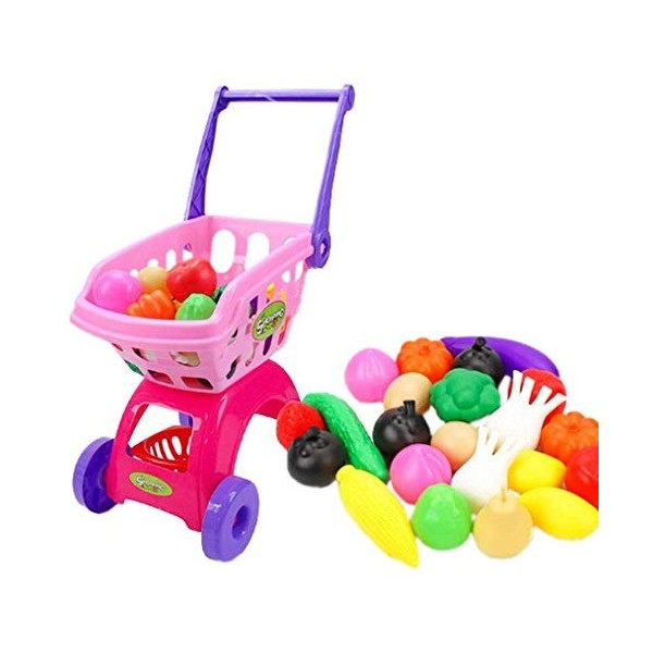 COMVIP Jeux dImitation-Caddies Chariot Supermarché pour Enfant 25pcs Légume Fruit Hasard Rose B 31*20.5*50cm