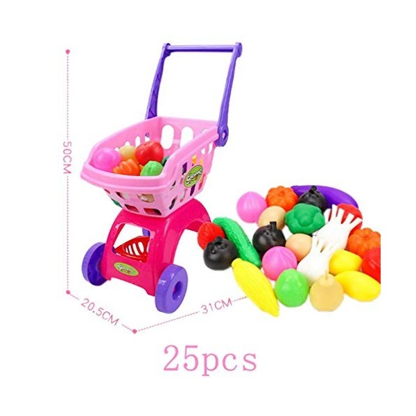 COMVIP Jeux dImitation-Caddies Chariot Supermarché pour Enfant 25pcs Légume Fruit Hasard Rose B 31*20.5*50cm