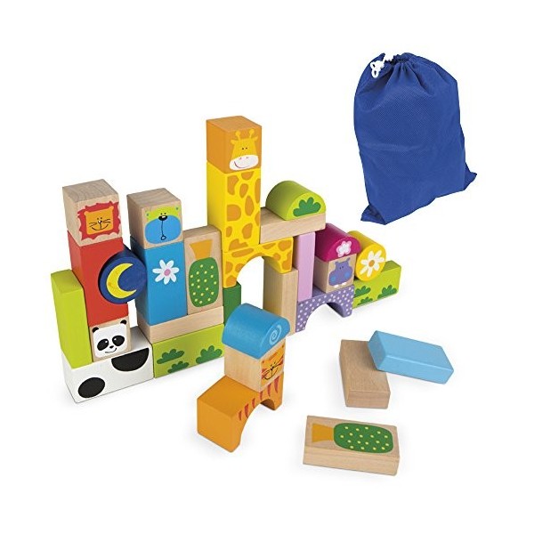 WOOMAX- Jeu de Blocs Animaux en Bois – 32 pièces, 42739, Assorti