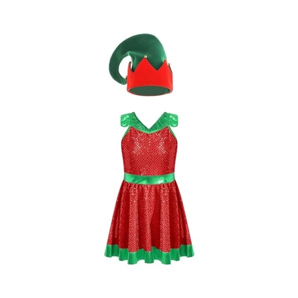 Oyolan Enfant Fille Déguisement Lutin de Noël Robe Velours/Paillette Costume Noël Tenue Cosplay Mère Noël Spectacle 3-14 Ans 