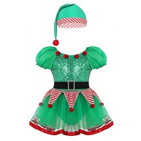 IEFIEL Déguisement Noël Elfe Enfant Fille Noël Lutin Robe de Princesse Cérémonie et Chapeau Noël Ensemble Costume Nouvel An N