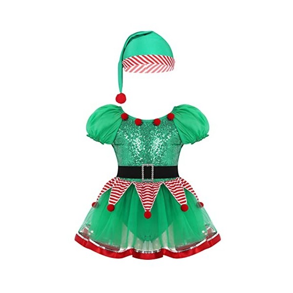 IEFIEL Déguisement Noël Elfe Enfant Fille Noël Lutin Robe de Princesse Cérémonie et Chapeau Noël Ensemble Costume Nouvel An N