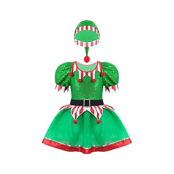 IEFIEL Déguisement Noël Elfe Enfant Fille Noël Lutin Robe de Princesse Cérémonie et Chapeau Noël Ensemble Costume Nouvel An N