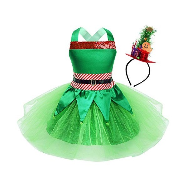 IEFIEL Déguisement Noël Elfe Enfant Fille Noël Lutin Robe de Princesse Cérémonie et Chapeau Noël Ensemble Costume Nouvel An N