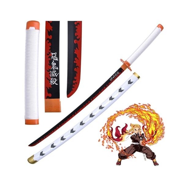 MAYKAR 75cm/104cm Épée De Samouraï Cosplay avec Fourreau, Katana en Bois, Demon Slayer-Rengoku Kyoujurou pour Jouets pour Enf