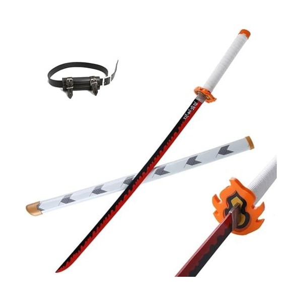 MAYKAR 75cm/104cm Épée De Samouraï Cosplay avec Fourreau, Katana en Bois, Demon Slayer-Rengoku Kyoujurou pour Jouets pour Enf