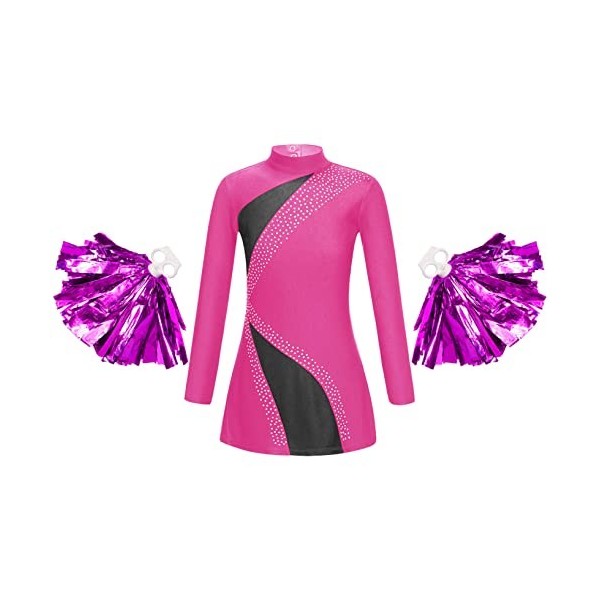 Oyolan Enfant Fille Déguisement Pompom Girl Robe Manche Longue Strass avec Pompons Cosplay Halloween Carnaval Spectacle Compé