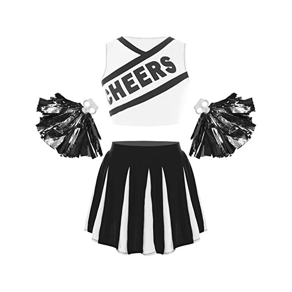 Oyolan Enfant Fille Déguisement Pompom Girl Robe Manche Longue Strass avec Pompons Cosplay Halloween Carnaval Spectacle Compé