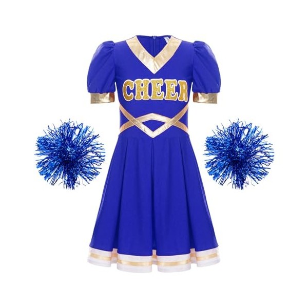 Oyolan Enfant Fille Déguisement Pompom Girl Robe Manche Longue Strass avec Pompons Cosplay Halloween Carnaval Spectacle Compé