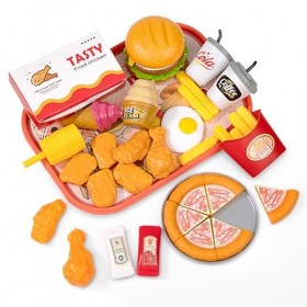 Jouet Aliment Cuisine Enfant, 40 Pièces Hamburger Jouets Alimentaires avec Pizza, Frites, Poulet Frit et Plateau, Jeux dImit