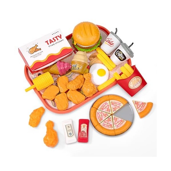 Jouet Aliment Cuisine Enfant, 40 Pièces Hamburger Jouets Alimentaires avec Pizza, Frites, Poulet Frit et Plateau, Jeux dImit