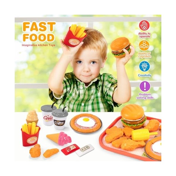 Jouet Aliment Cuisine Enfant, 40 Pièces Hamburger Jouets Alimentaires avec Pizza, Frites, Poulet Frit et Plateau, Jeux dImit