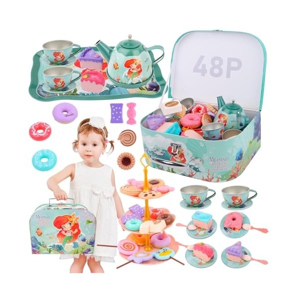 VFANDV Service à Thé pour Enfants, 48pcs Jeu de Rôle sur Le thé de Laprès-midi Accessoires de Cuisine pour Enfants, Tea Part