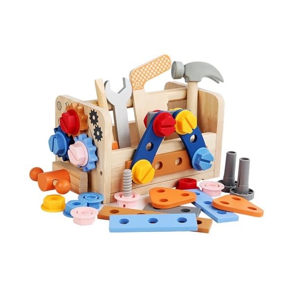 Shinescent Boîte à Outils en Bois pour Enfants 38 Pièces Jeux de Construction en Bois Jouets de Bricolage Cadeau Éducatif pou