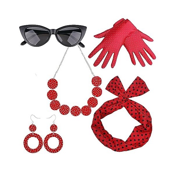 TINAYAUE Lot de 5 accessoires pour femme des années 50 - Foulard, lunettes, boucles doreilles, collier, gants, polka Dot - V