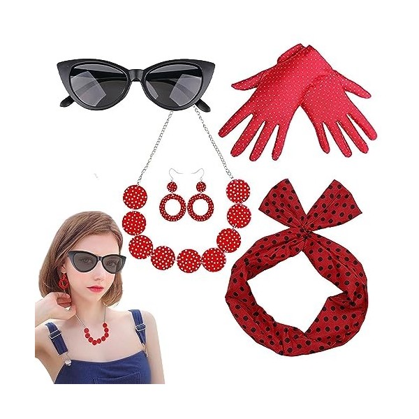 TINAYAUE Lot de 5 accessoires pour femme des années 50 - Foulard, lunettes, boucles doreilles, collier, gants, polka Dot - V