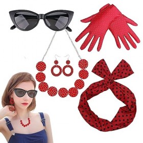 TINAYAUE Lot de 5 accessoires pour femme des années 50 - Foulard, lunettes, boucles doreilles, collier, gants, polka Dot - V