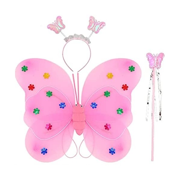 SunAurora Ailes de fée 3 pièces, Costume de fée pour Enfants, Filles dailes delfe, Ailes de fée avec Baguette Magique et Ba