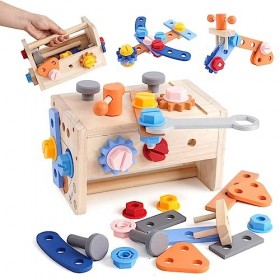Boîte à Outils en Bois 38 Pièces Jouet Boite a Outils Enfant DIY Jeux de Construction Enfant Jouets éducatifs Imitation et Je