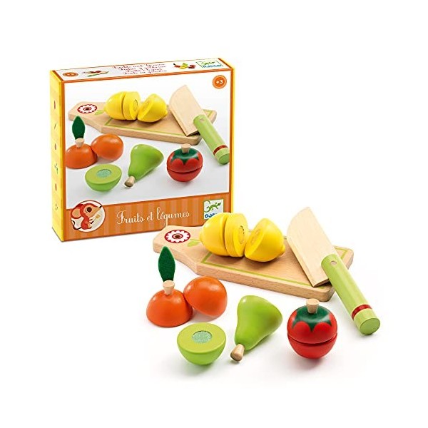 DJECO Planche à découper en Bois avec Couteau, Fruits et légumes, DJ06526, Multicolore