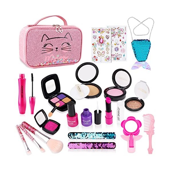 FancyWhoop Maquillage Enfant Jouet Fille 22pcs Lavable Kids Makeup Set avec Coffrets Prétend Jouer Kit avec Sac Cosmétique, C