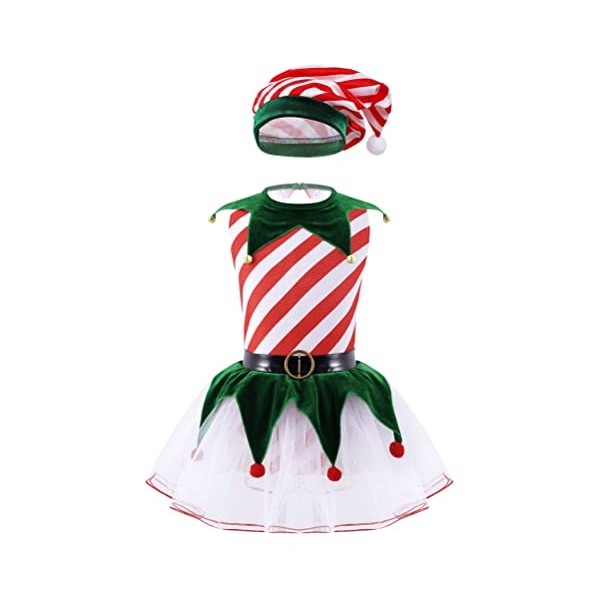 dPois Enfant Fille Lutin Robe Noël Déguisement Elfe Costume Carnaval Halloween Cosplay Elf Chapeau Lutin Tenue Jeu de Rôle Tu