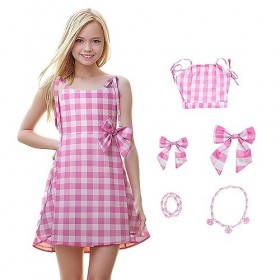 THAELY pour Filles Robe à Carreaux Rose avec Collier Bracelet Robe Costume, Robe à Carreaux Rose pour Femme Robe Jeu Rôle pou