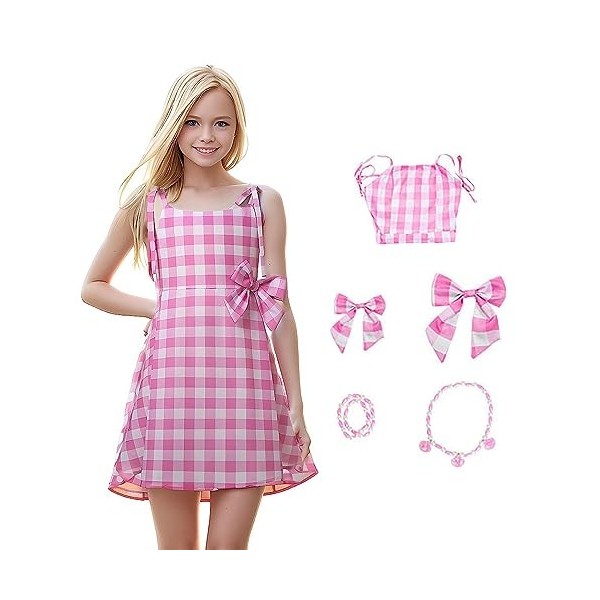 THAELY pour Filles Robe à Carreaux Rose avec Collier Bracelet Robe Costume, Robe à Carreaux Rose pour Femme Robe Jeu Rôle pou