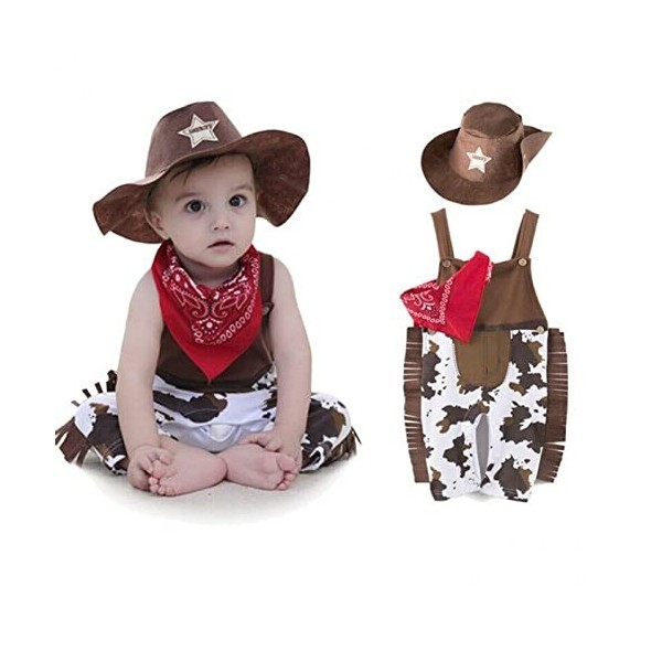 Dinntty Bébé Cowboy Tenues 3pcs Costume Barboteuse avec Chapeau et Écharpe Combinaison Sans Manches pour Enfants Jeu de Rôle 