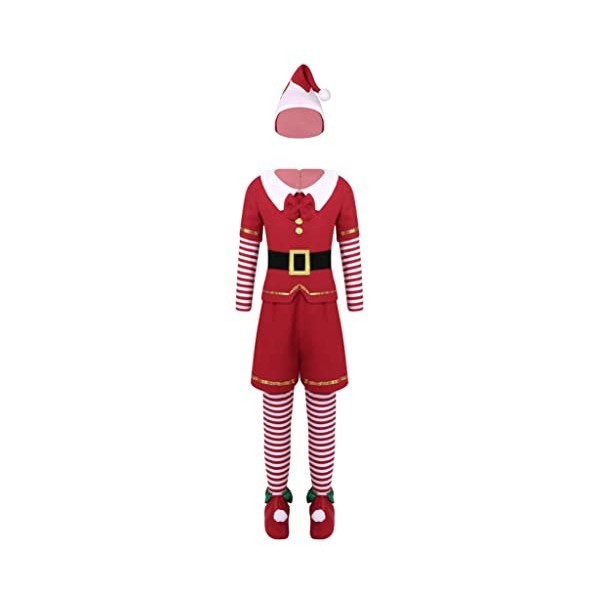 Jowowha Enfant Costume Elfe de Noël Déguisement de Lutin de Noël Ensemble de Noël Haut Top et Bonnet Elfe de Noël et Pantalon