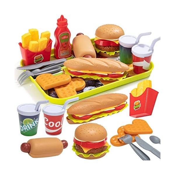 Dinette Enfant Jouet Aliment Cuisine Hamburger, avec Plateau Frites Hot-Dogs, Jeux Dimitation Éducatif Cadeau Anniversaire p