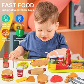 Dinette Enfant Jouet Aliment Cuisine Hamburger, avec Plateau Frites Hot-Dogs, Jeux Dimitation Éducatif Cadeau Anniversaire p