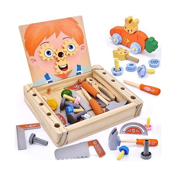 NUKied Boîte à Outils Jouets, Jouet en Bois Enfant avec Engrenages Tournants，Jeux Montessori Enfants, Jeux de Construction Éd