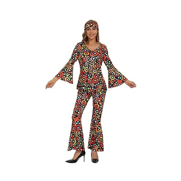 JNAOZI Costume des années 70 pour femme - Robe hippie - Avec collier et boucles doreilles - Taille L