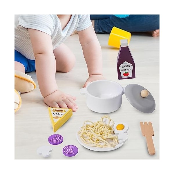 Accessoire Cuisine Enfant,Jouet Dinette Cuisine Enfant Bois,Jouet Aliment de Cuisine de Spaghetti,Jouet Montessori,Jeu dImit
