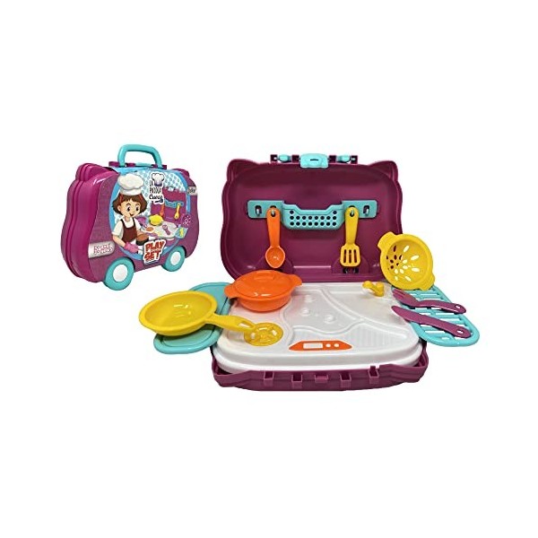 CARTOON Mallette de Jeu, Petite cuisinière, 8 Pièces, Jouets pour Enfants, Accessoires, Cuisine, Pots, Couverts, Fun- TOY0646